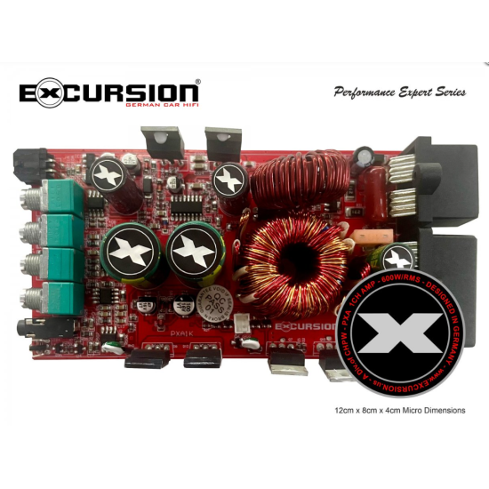 Excursion PXA-1K 1-kanałowy mini wzmacniacz samochodowy do fabrycznych systemów audio - moc RMS: 1x300/450/600, klasa Mono D, wej. High/Low, Auto On/O